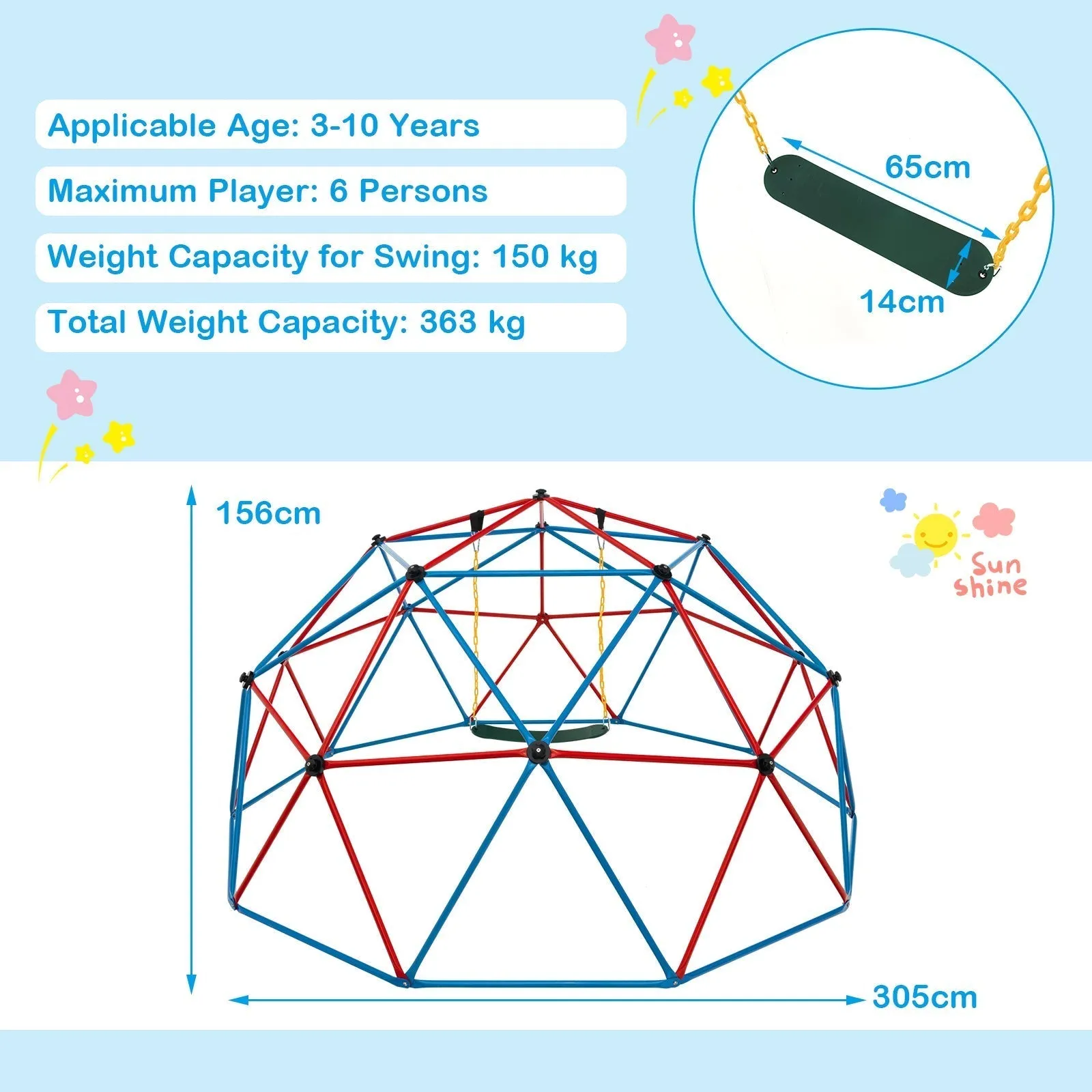 10FT Kids Geometric Dome Climber with Convenient Grip-Blue; Red