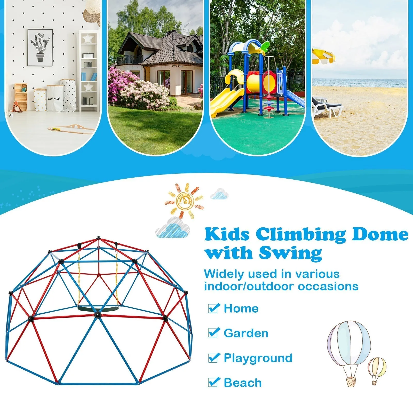 10FT Kids Geometric Dome Climber with Convenient Grip-Blue; Red