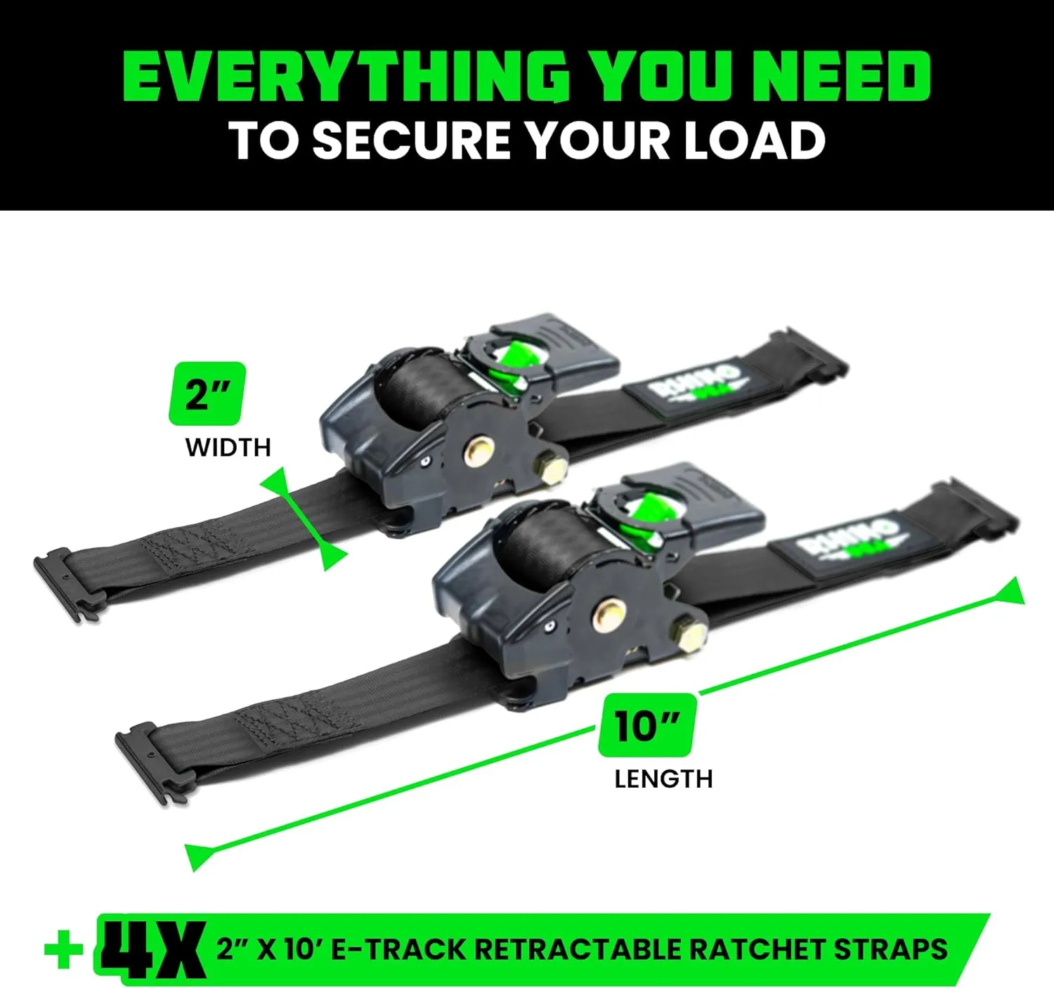 2" x 10' Retractable E-Track Ratchet Straps