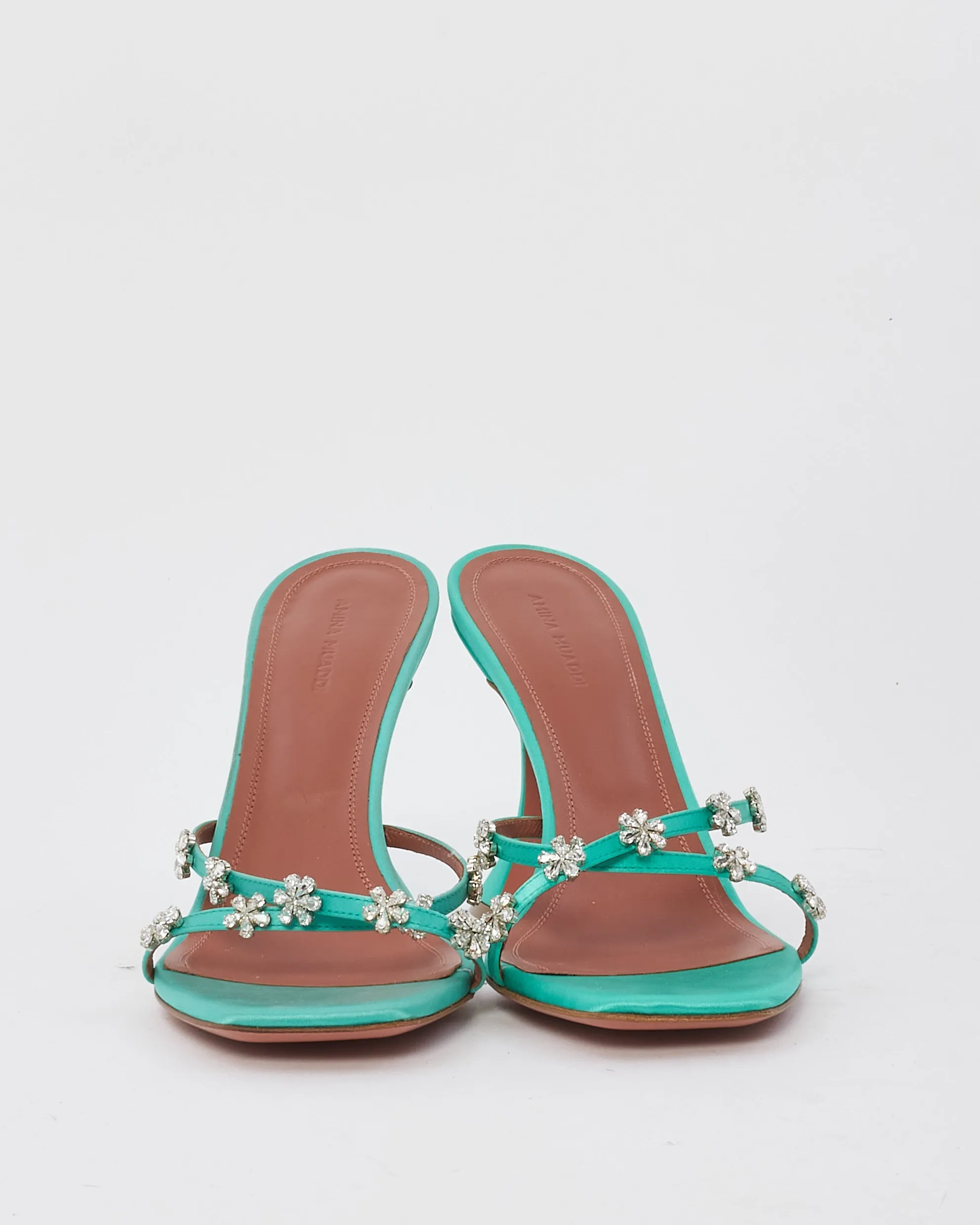 Amina Muaddi Green Satin Lily Embelished Flower Mule Sandals - 39