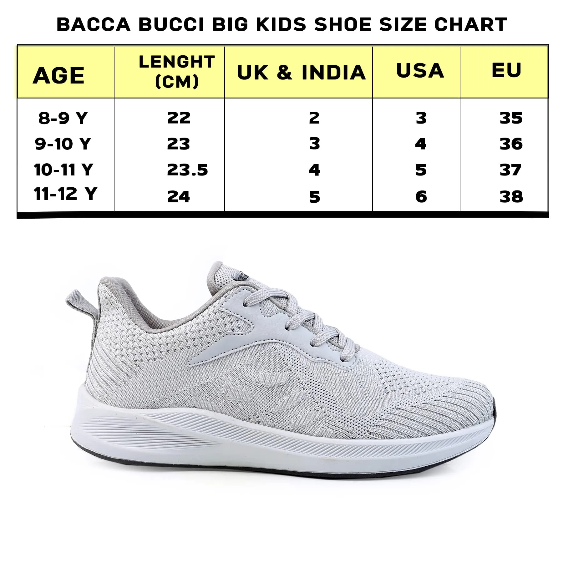 Bacca Bucci Boys or Girls Essential Knit Athletic Running Sports Sneaker Shoes | Non Slip Outsole | Light Weight Shoes| Breathable (Age: 8 Year to 12 Years) Grey