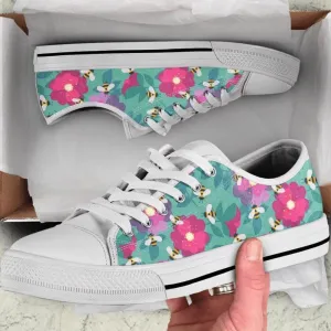 Bees Fly On Flower Pattern Low Top Shoes Sneaker, Animal Print Canvas Shoes, Print On Canvas Shoes