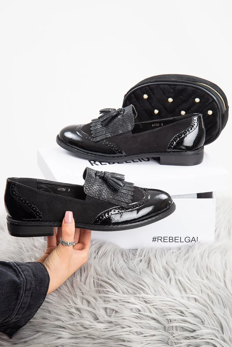 Black Patent and Croc effect Tassel Loafers - Lily