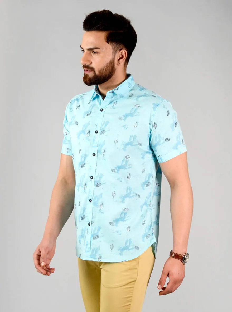 Blue Printed Slim Fit Casual Shirt | Greenfibre