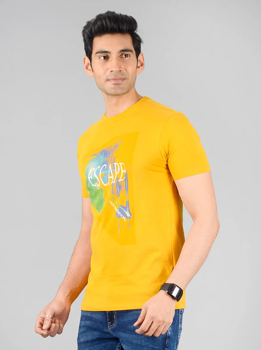 Bright Mustard Yellow Printed Slim Fit T-shirt | JadeBlue