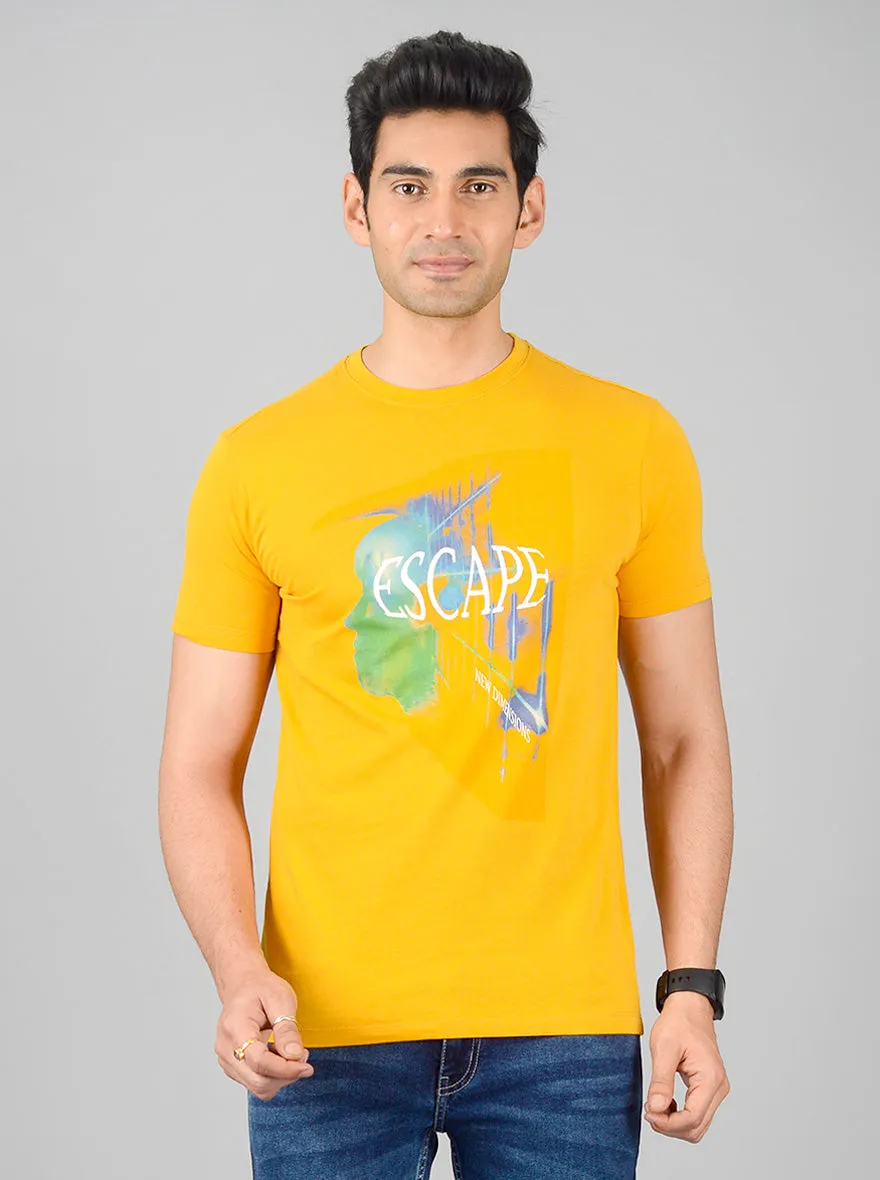 Bright Mustard Yellow Printed Slim Fit T-shirt | JadeBlue