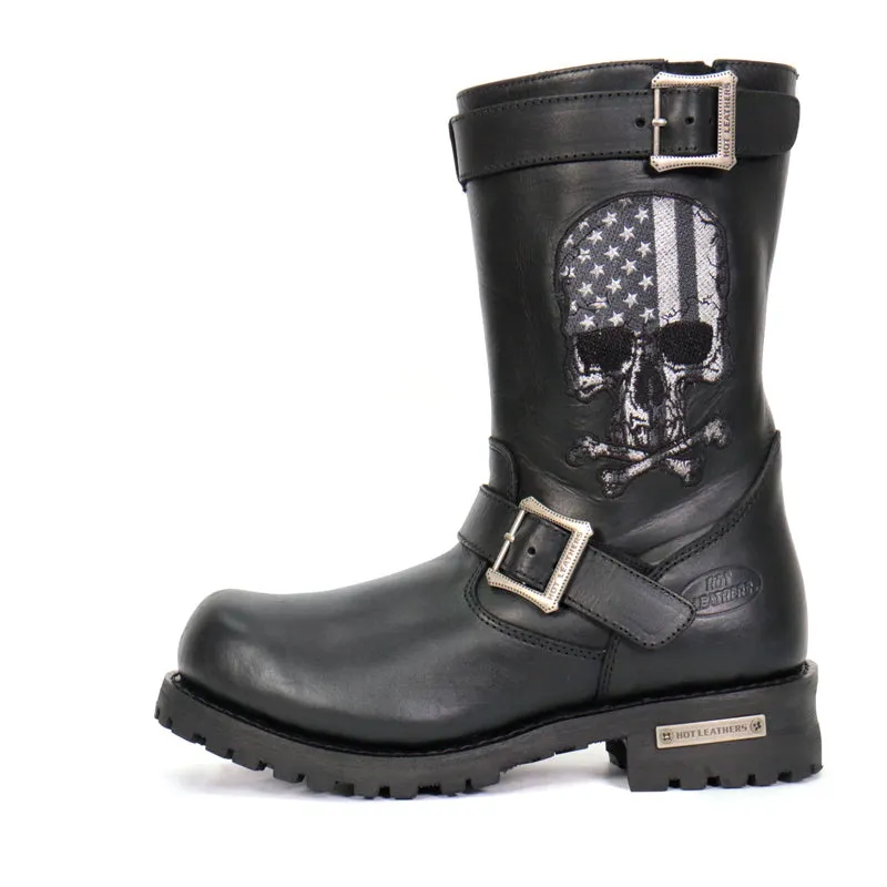 BTM1018 Menâ€™s Black Tall Harness Flag Skull Boot with Round Toe