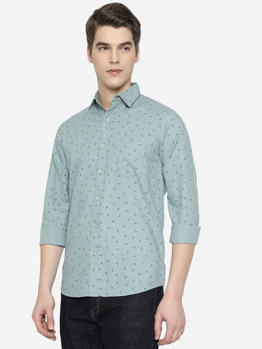 Canal Blue Printed Slim Fit Semi Casual Shirt | JadeBlue