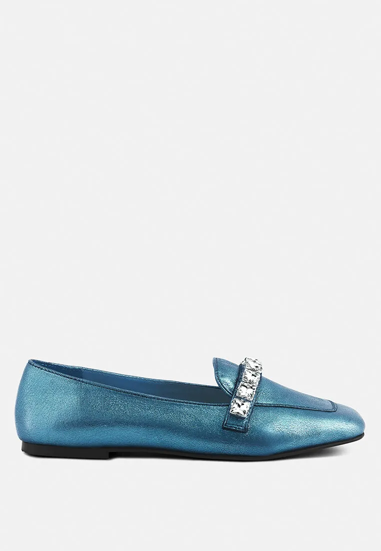 CHURROS Diamante Embellished Metallic Loafers in Blue