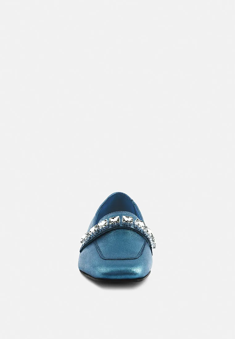 CHURROS Diamante Embellished Metallic Loafers in Blue