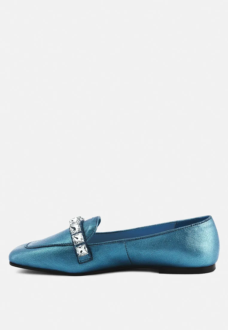 CHURROS Diamante Embellished Metallic Loafers in Blue