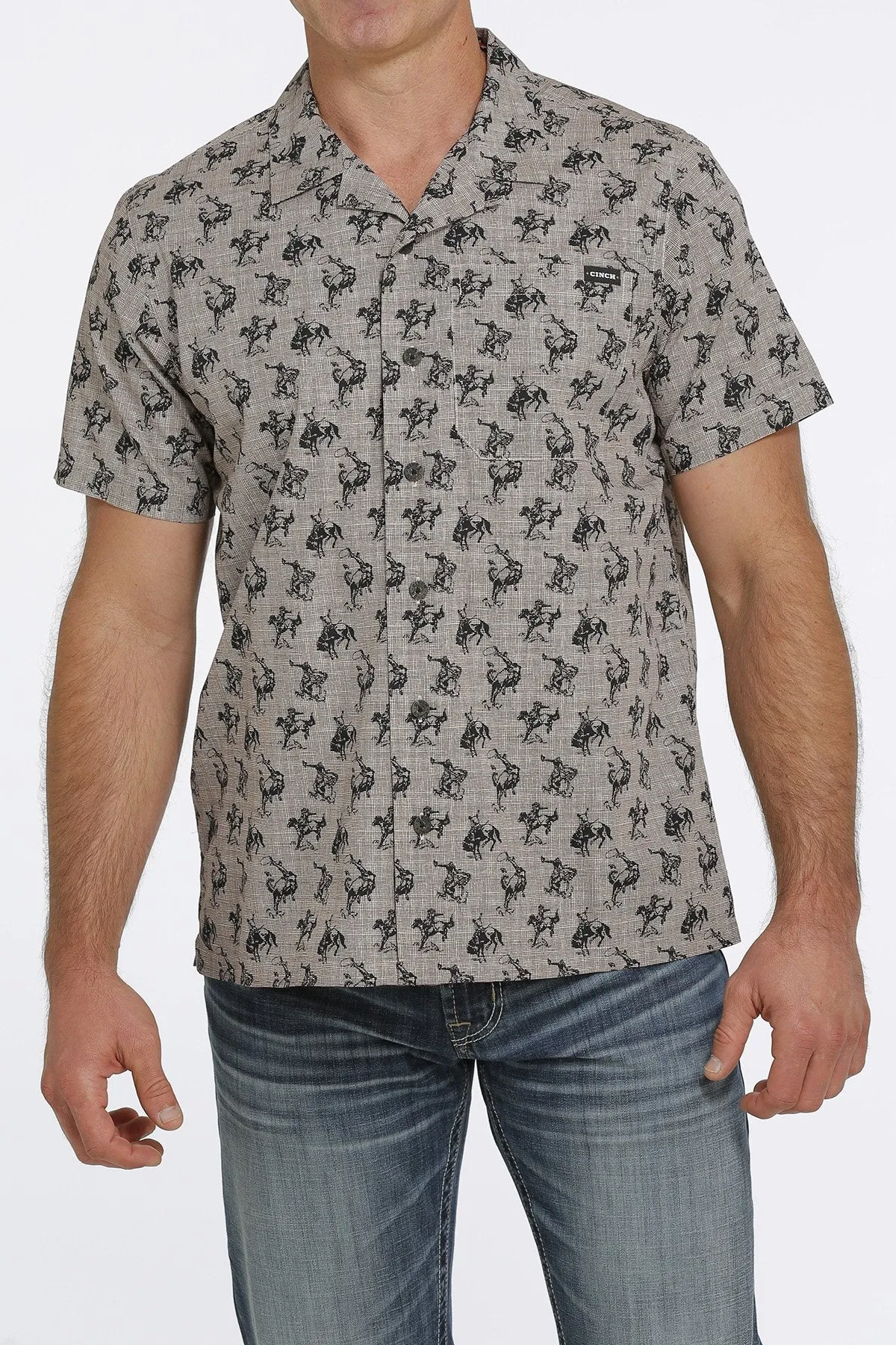 Cinch Men's Stone Cowboy Print Short Sleeve Button Up