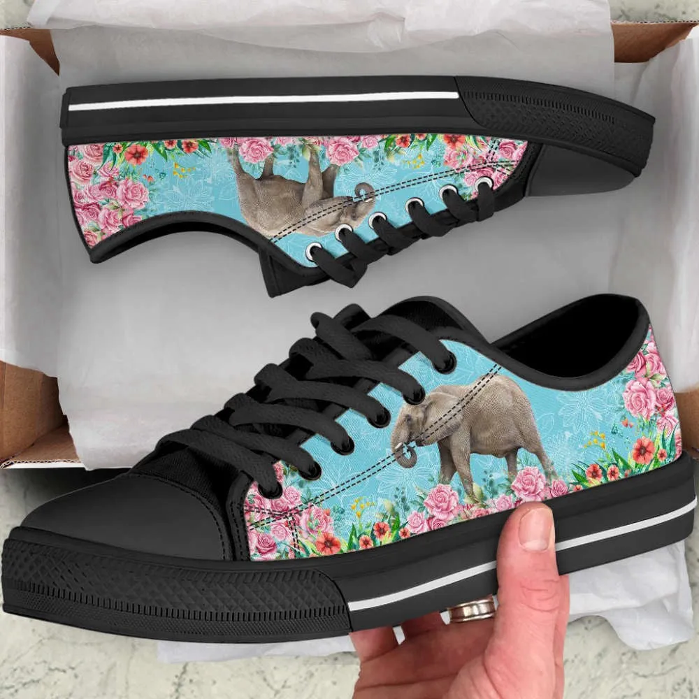 Colorful Elephant Flower Line Canvas Print Low Top Shoes, Animal Print Canvas Shoes, Print On Canvas Shoes