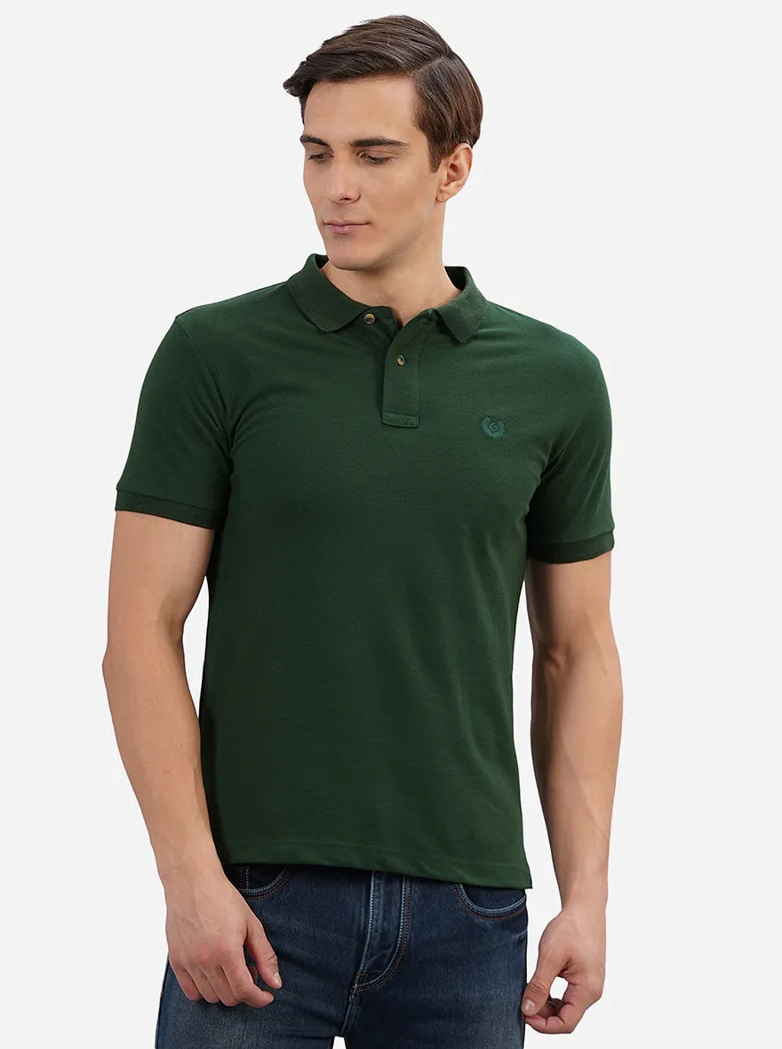 Dark Green Solid Slim Fit Polo T-Shirt | Greenfibre