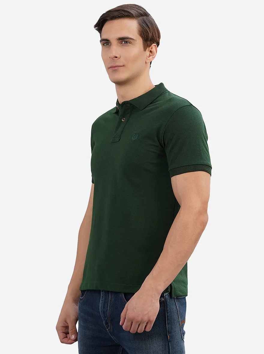 Dark Green Solid Slim Fit Polo T-Shirt | Greenfibre