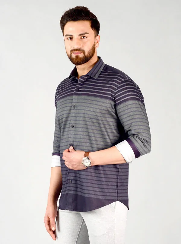 Dark Grey & Green Striped Slim Fit Party Wear Shirt | JB Studio