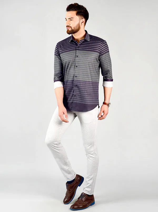 Dark Grey & Green Striped Slim Fit Party Wear Shirt | JB Studio