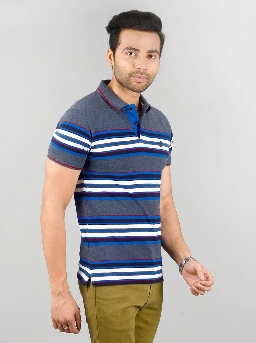 Dark Grey Striped Slim Fit Polo T-shirt | Greenfibre