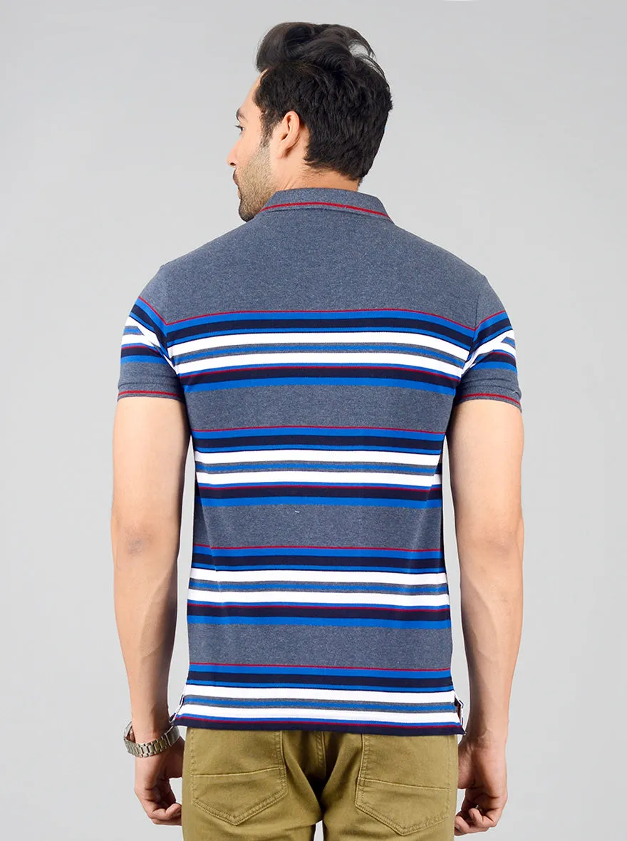 Dark Grey Striped Slim Fit Polo T-shirt | Greenfibre