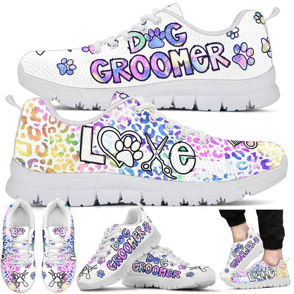 Dog Groomer Sneaker, Dog Grooming Half Leopard Pastel Sneakers Shoes, Best Running Shoes, Unique Gifts For Dog Lovers