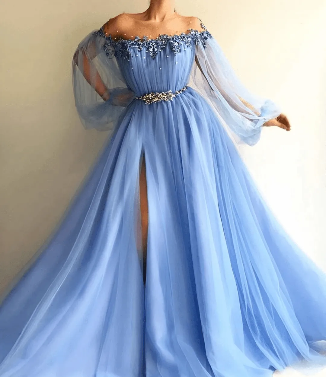 Elegant Blue Long Sleeves Off the Shoulder Split Prom Dress WD572