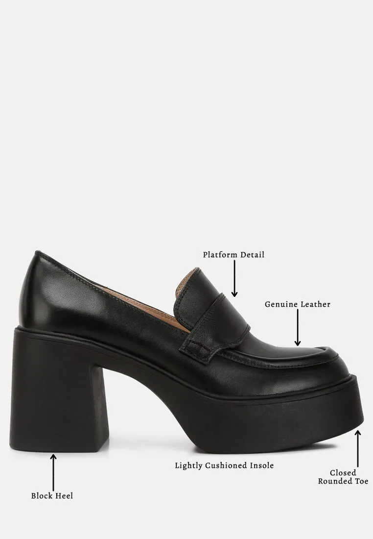 Elspeth Heeled Platform Leather Loafers in Black