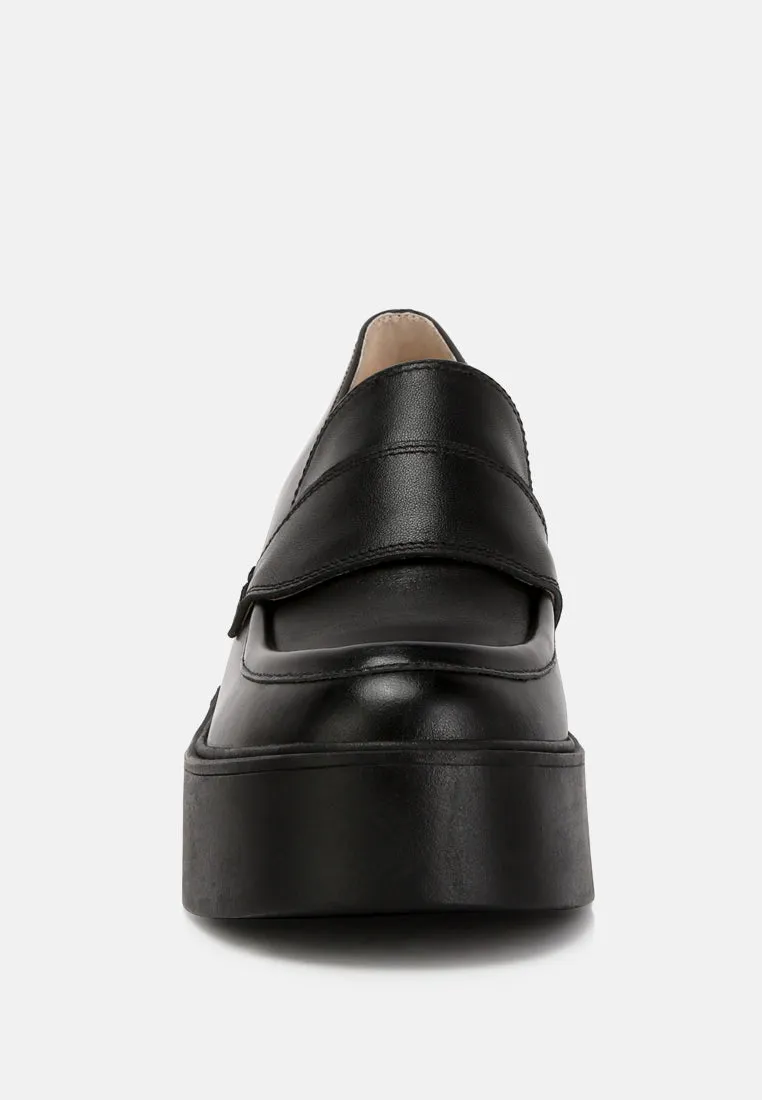 Elspeth Heeled Platform Leather Loafers in Black