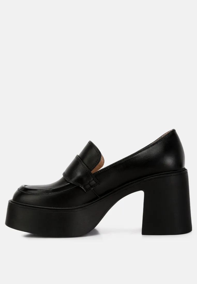 Elspeth Heeled Platform Leather Loafers in Black