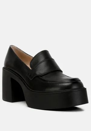 Elspeth Heeled Platform Leather Loafers in Black