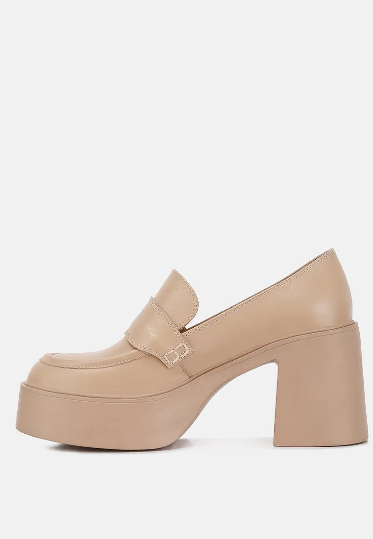 Elspeth Heeled Platform Leather Loafers in Sand