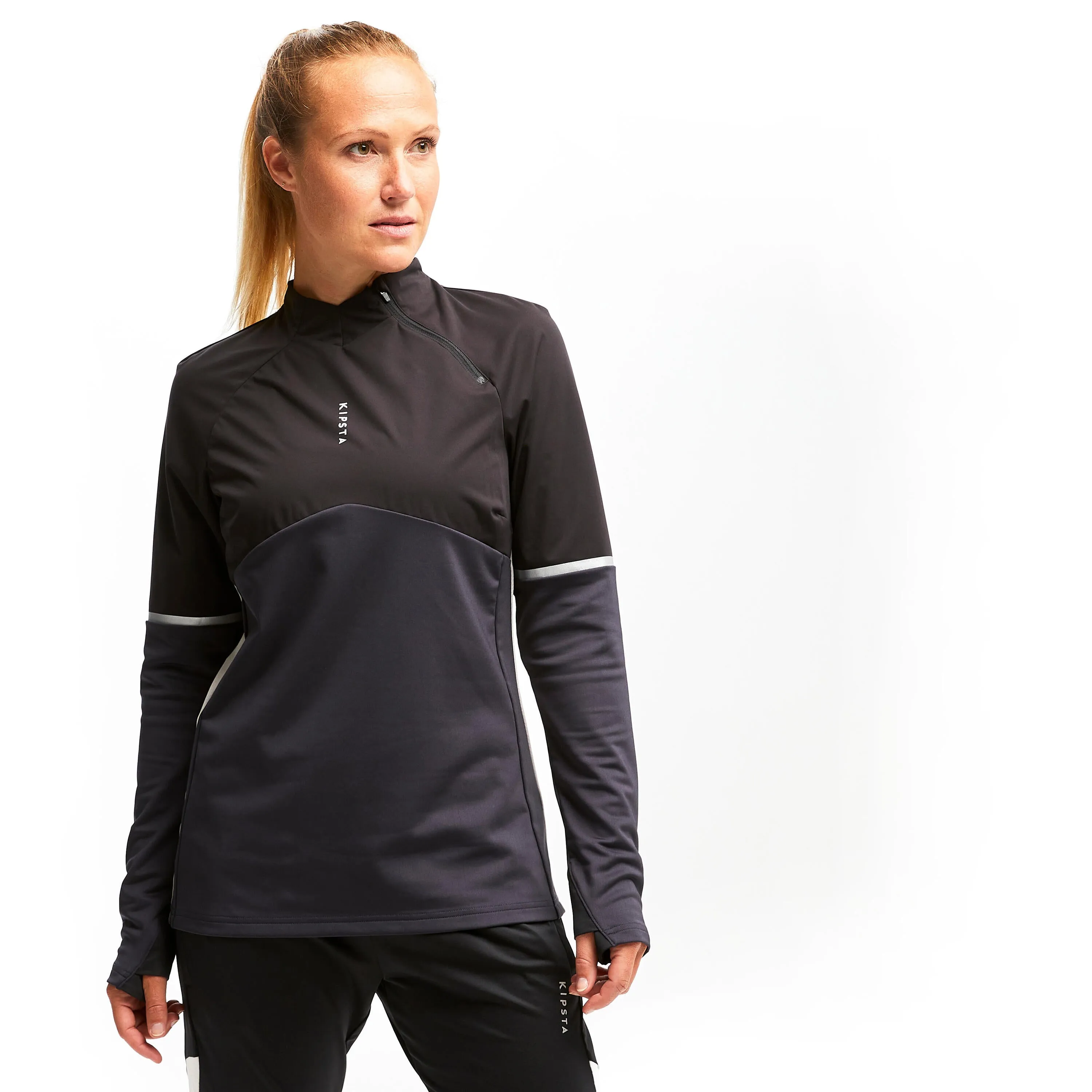 Football training sweatshirt T500 women's black KIPSTA, black/charcoal gray