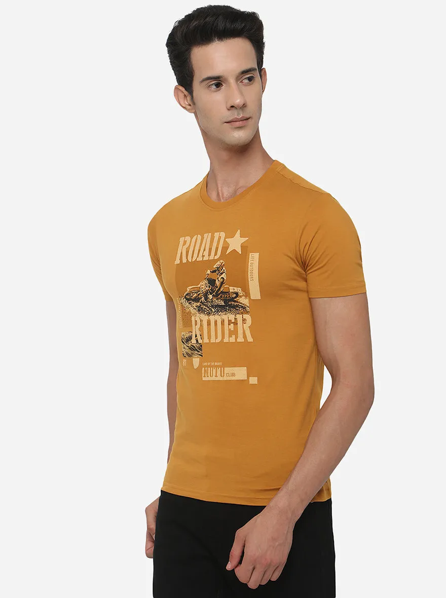 Golden Yellow Printed Slim Fit T-Shirt | Greenfibre