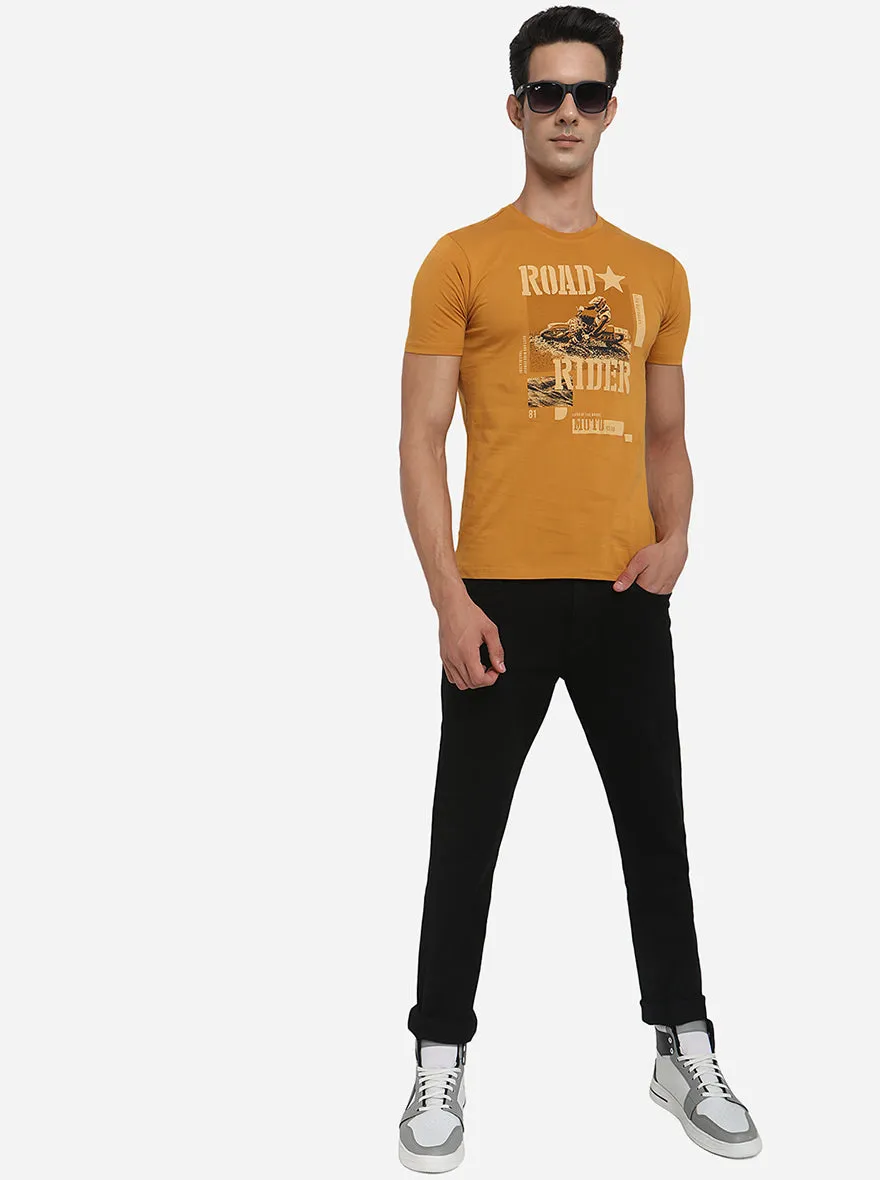 Golden Yellow Printed Slim Fit T-Shirt | Greenfibre