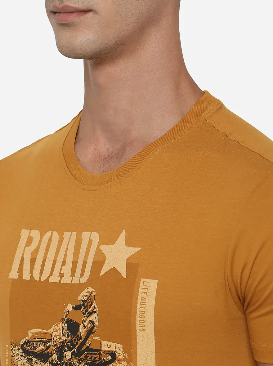 Golden Yellow Printed Slim Fit T-Shirt | Greenfibre