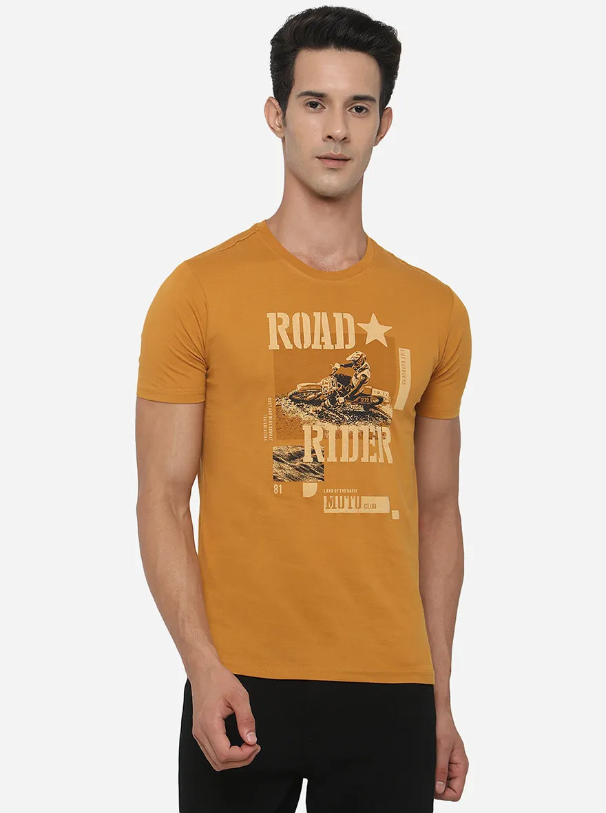 Golden Yellow Printed Slim Fit T-Shirt | Greenfibre