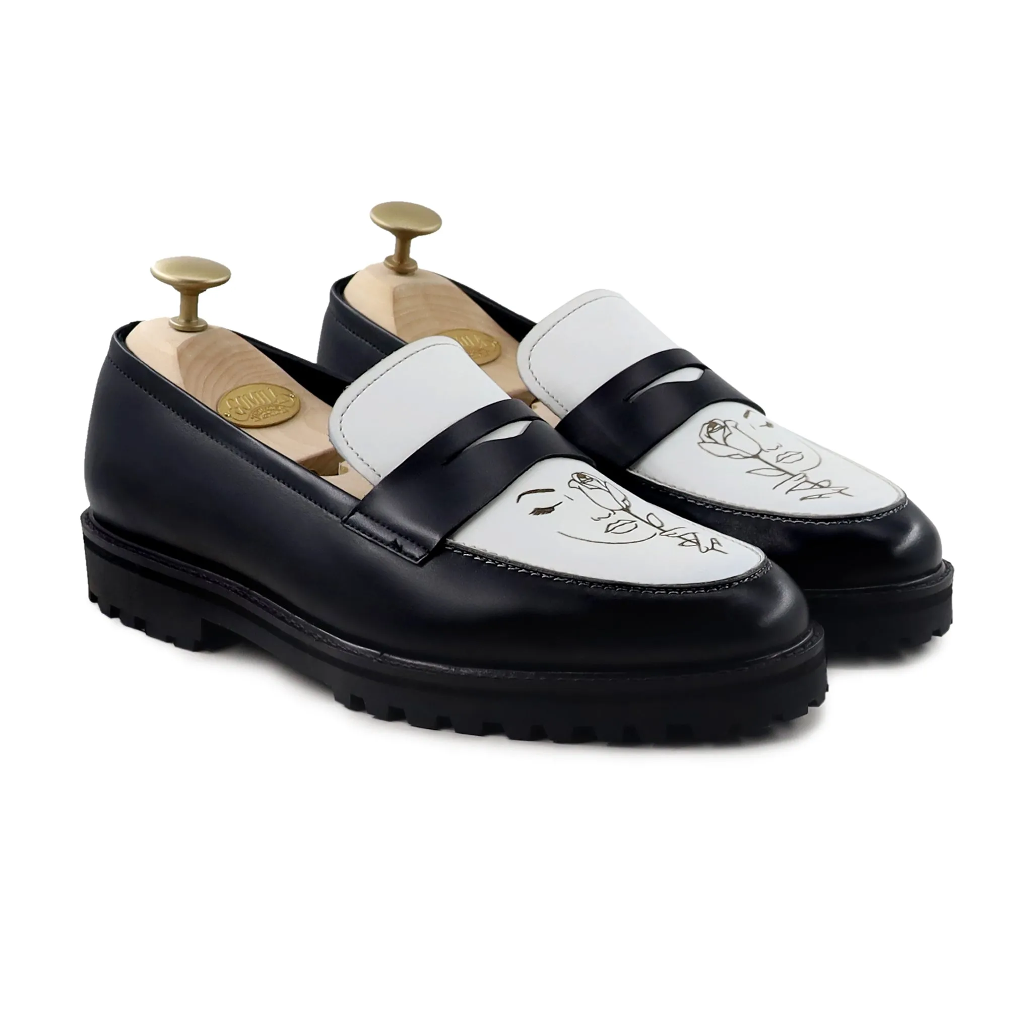 Hobart - Men's Black and White Calf Leather Loafer (Face Edition)