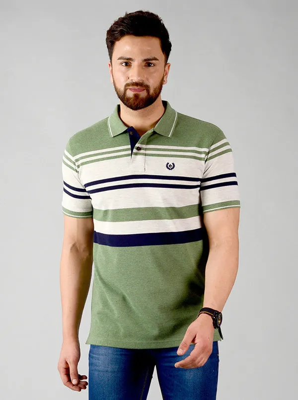 Kashmir Green Striped Slim Fit Polo T-shirt | Greenfibre