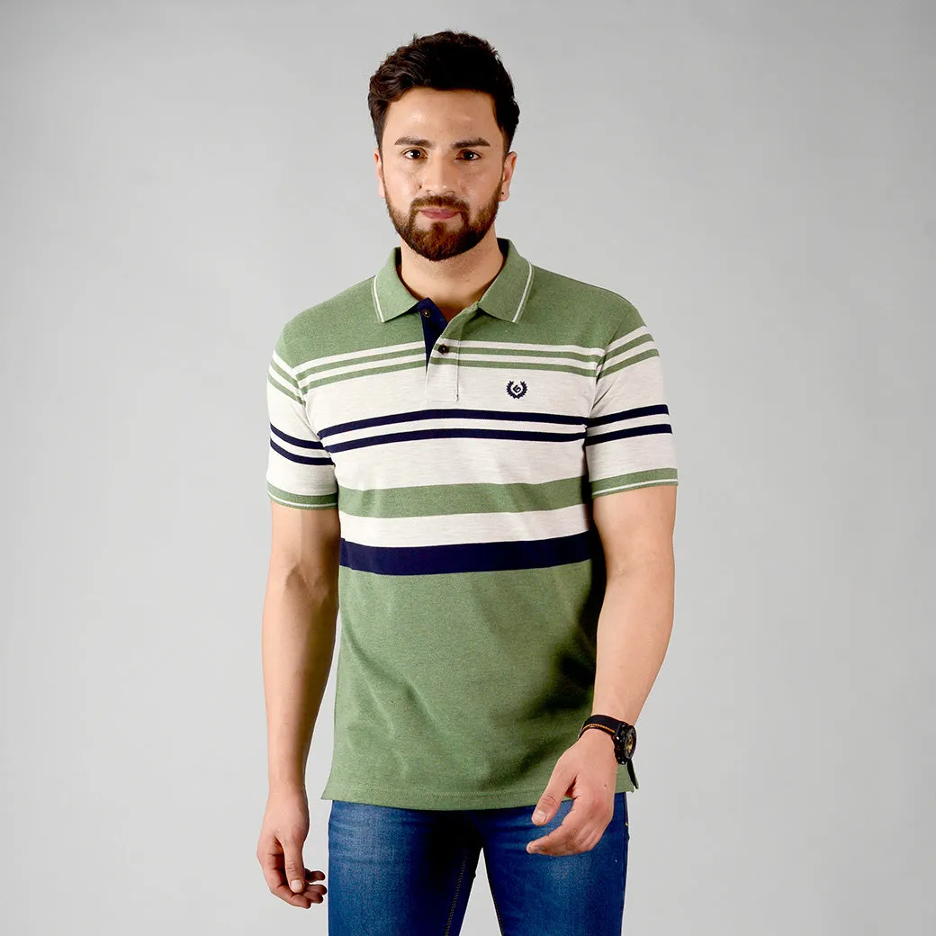 Kashmir Green Striped Slim Fit Polo T-shirt | Greenfibre