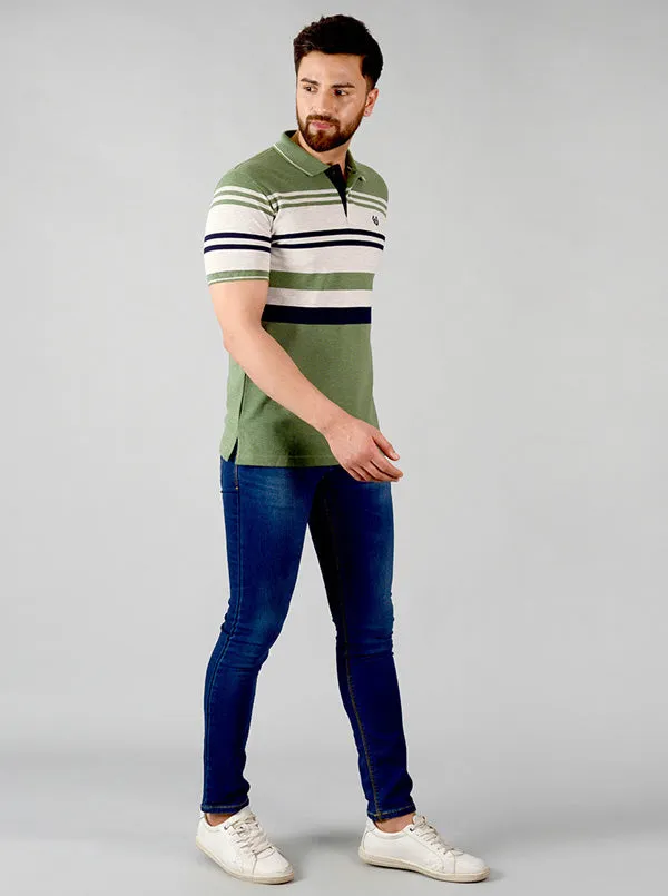 Kashmir Green Striped Slim Fit Polo T-shirt | Greenfibre