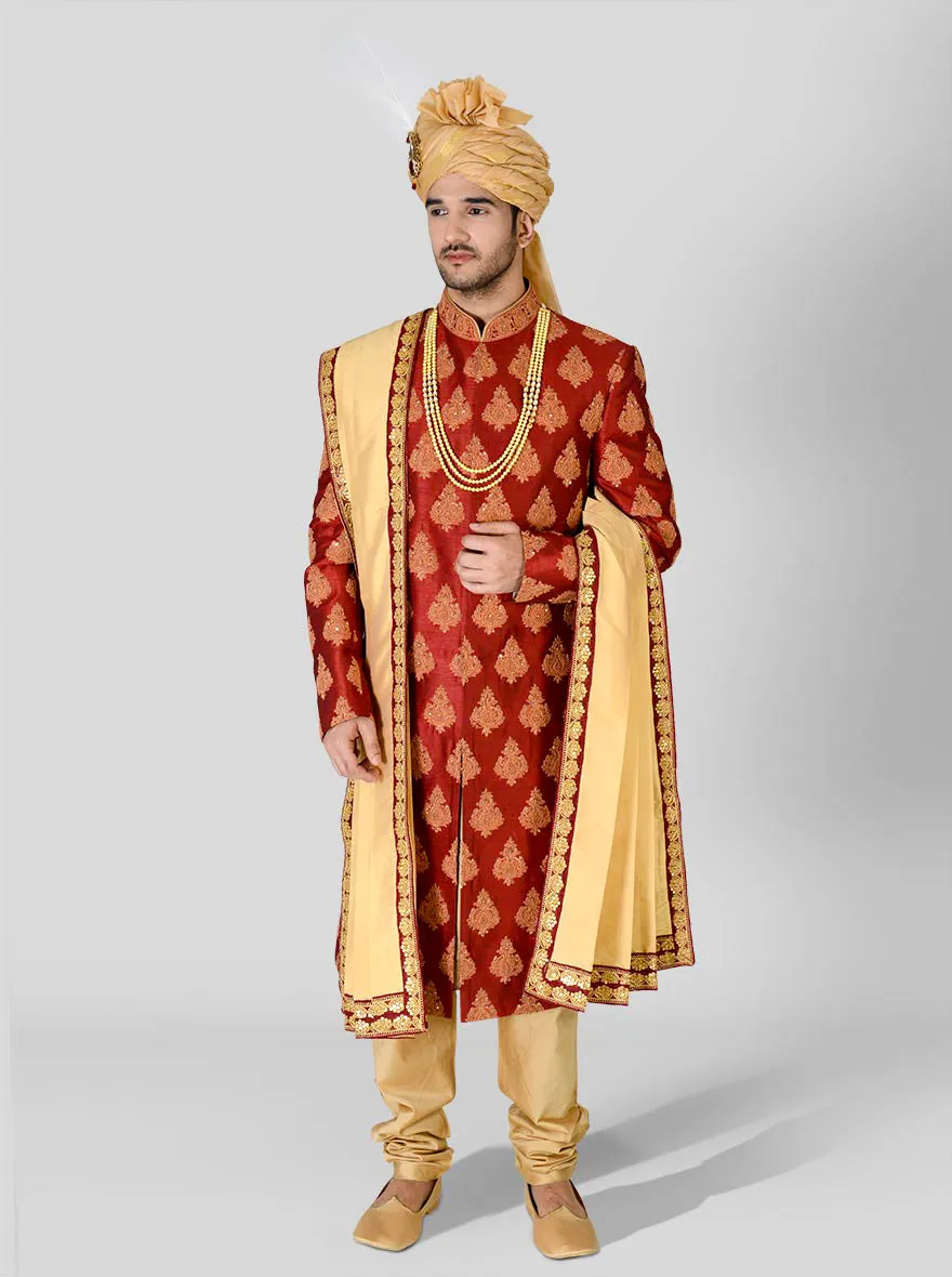 Maroon & Golden Sherwani | Azania