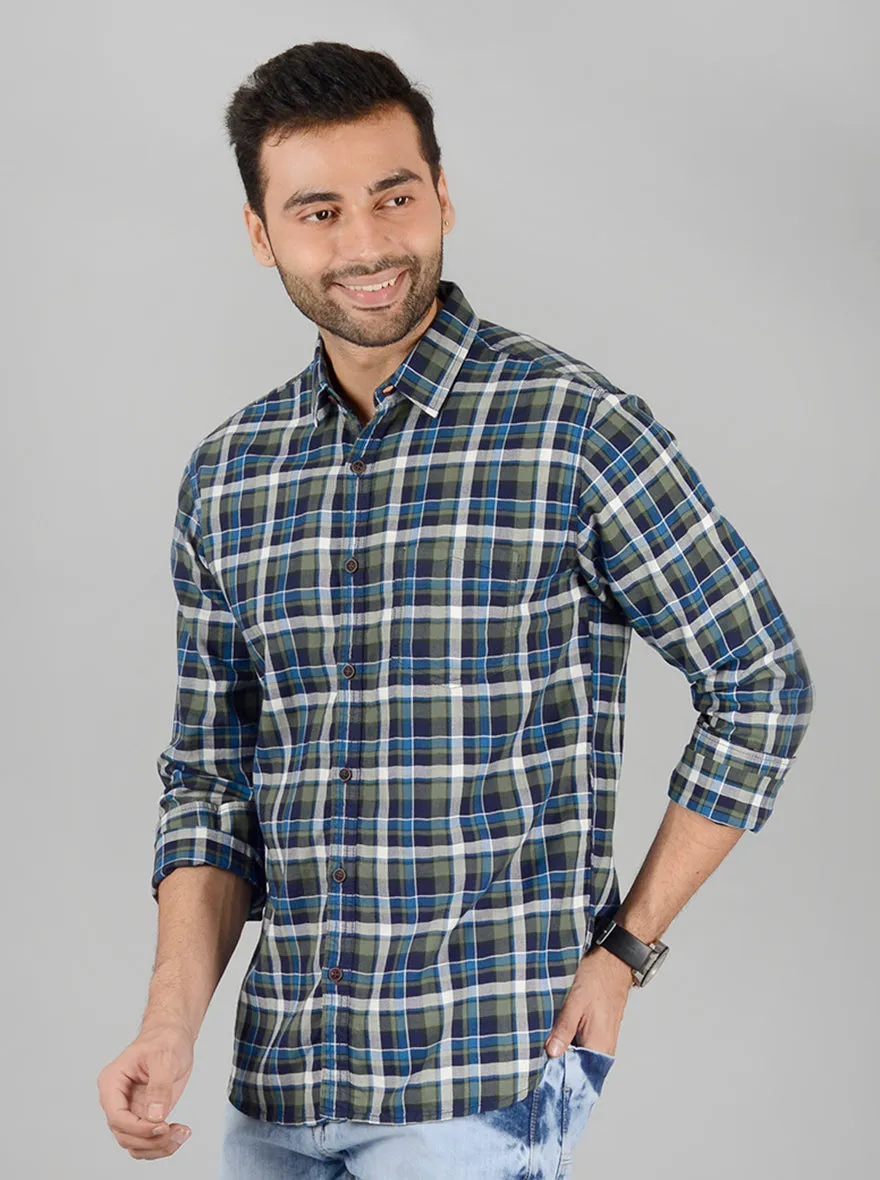 Olive and Blue Checked Slim Fit Casual Shirt | Greenfibre