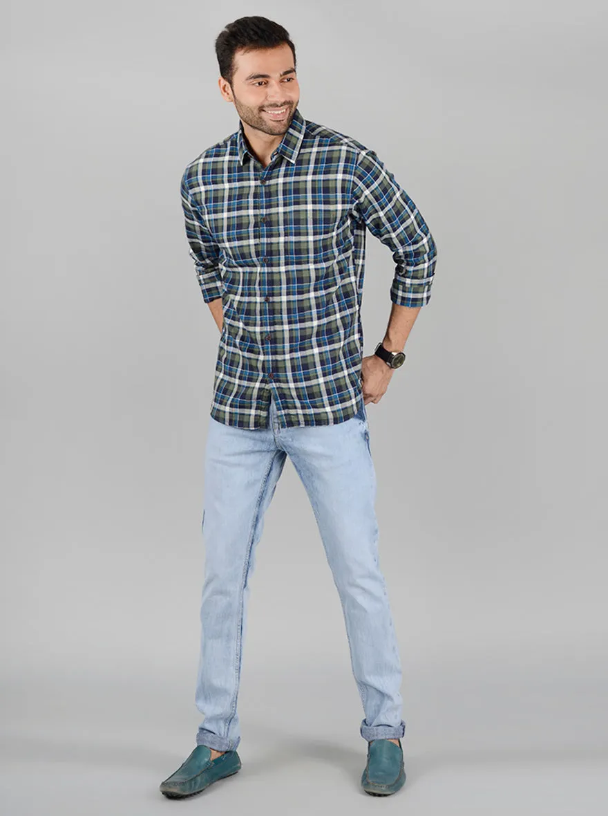 Olive and Blue Checked Slim Fit Casual Shirt | Greenfibre