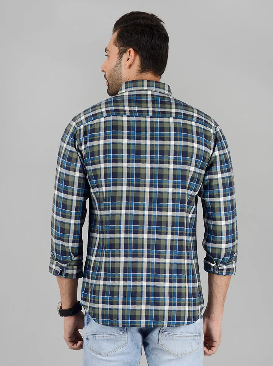 Olive and Blue Checked Slim Fit Casual Shirt | Greenfibre