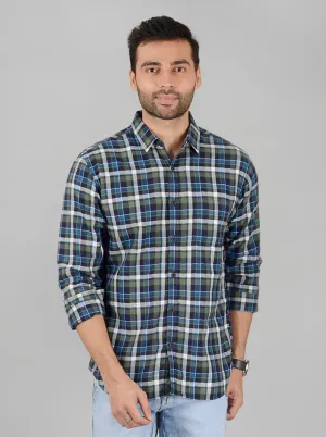 Olive and Blue Checked Slim Fit Casual Shirt | Greenfibre