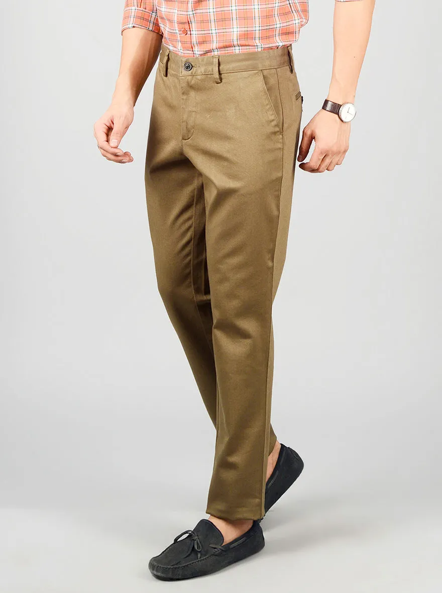 Olive Brown Solid Slim Fit Casual Trouser | JadeBlue