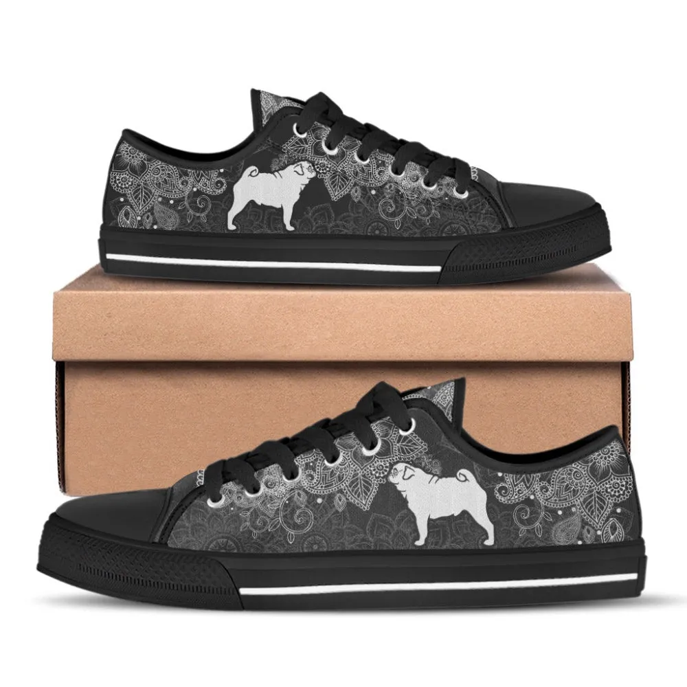 Pug Dog Mandala Black And White Low Top Shoes Canvas Sneakers, Dog Printed Shoes, Canvas Shoes For Men, Women