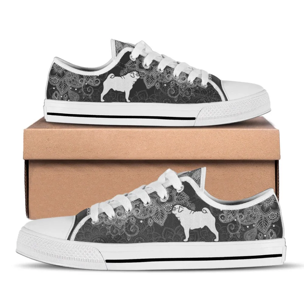 Pug Dog Mandala Black And White Low Top Shoes Canvas Sneakers, Dog Printed Shoes, Canvas Shoes For Men, Women