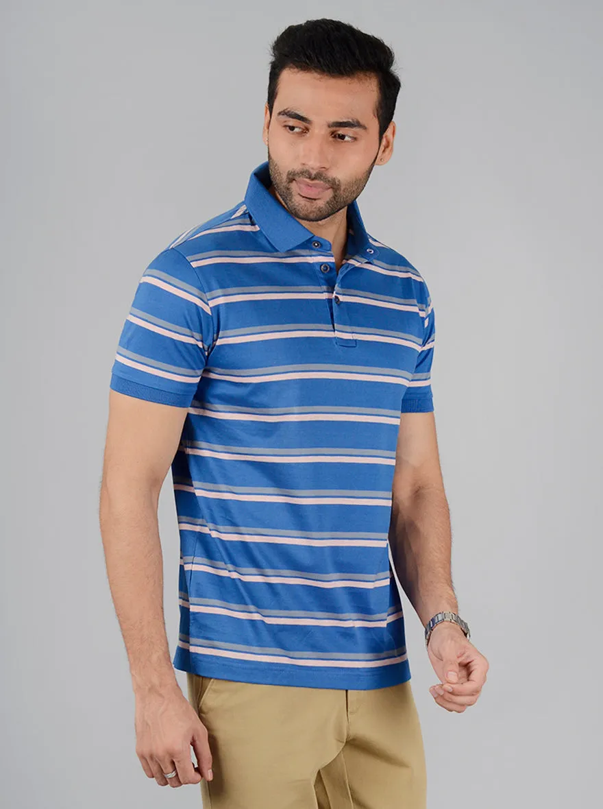 Royal Blue Striped Slim Fit Polo T-Shirt | JadeBlue