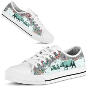 Save The Rhinos Low Top Shoes Sneaker, Animal Print Canvas Shoes, Print On Canvas Shoes