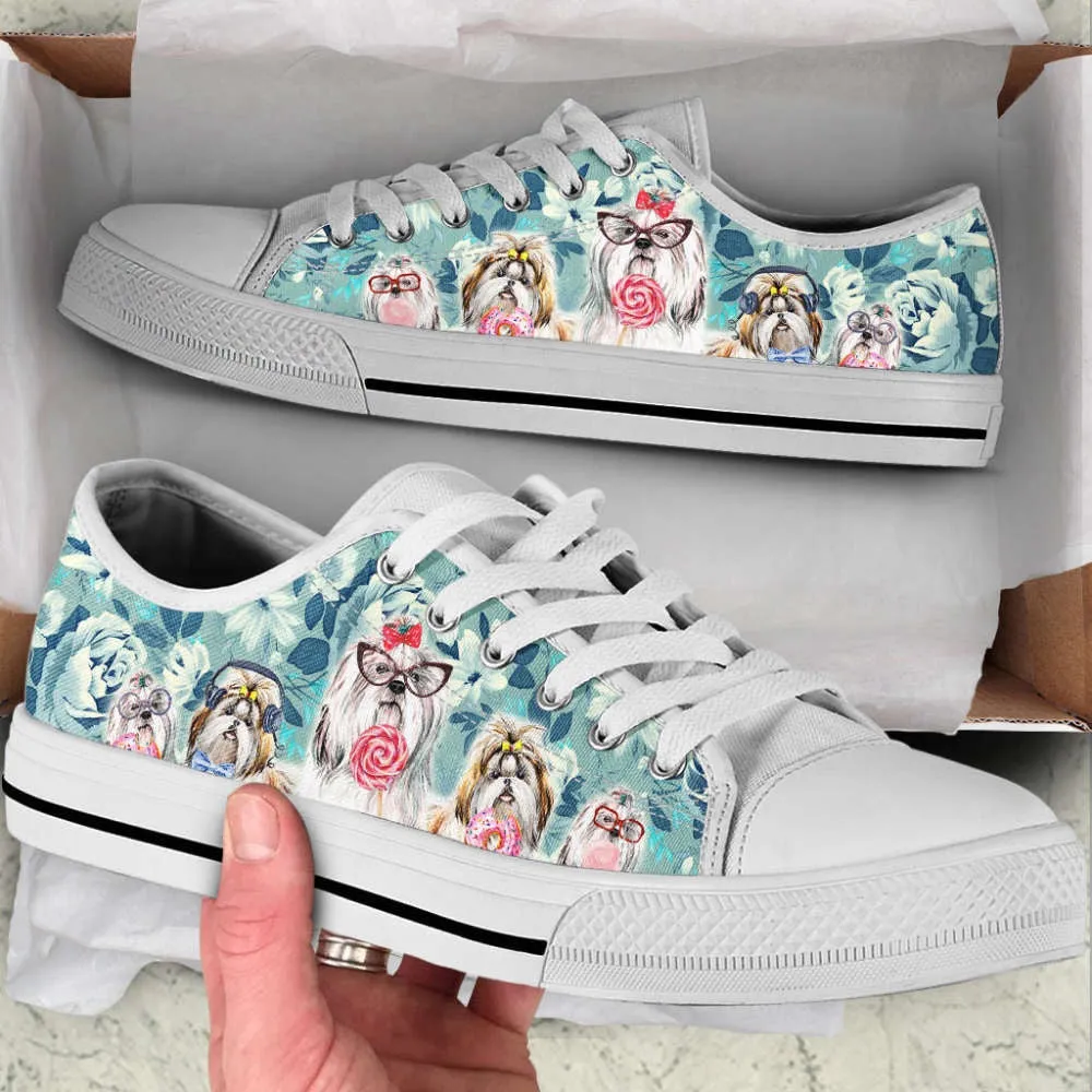 Shih Tzu Dog Flowers Pattern Low Top Shoes Canvas Sneakers Casual Shoes, Dog Printed Shoes, Canvas Shoes For Men, Women